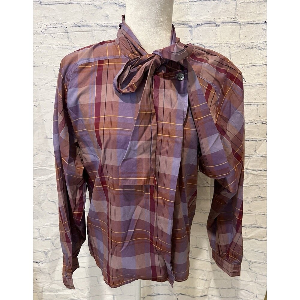 Lady Manhattan Vintage women's plaid long-sleeve tie-neck top Silk Blend 12